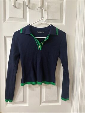 Emerson Lang Navy & Green Ribbed Polo Sweater Top